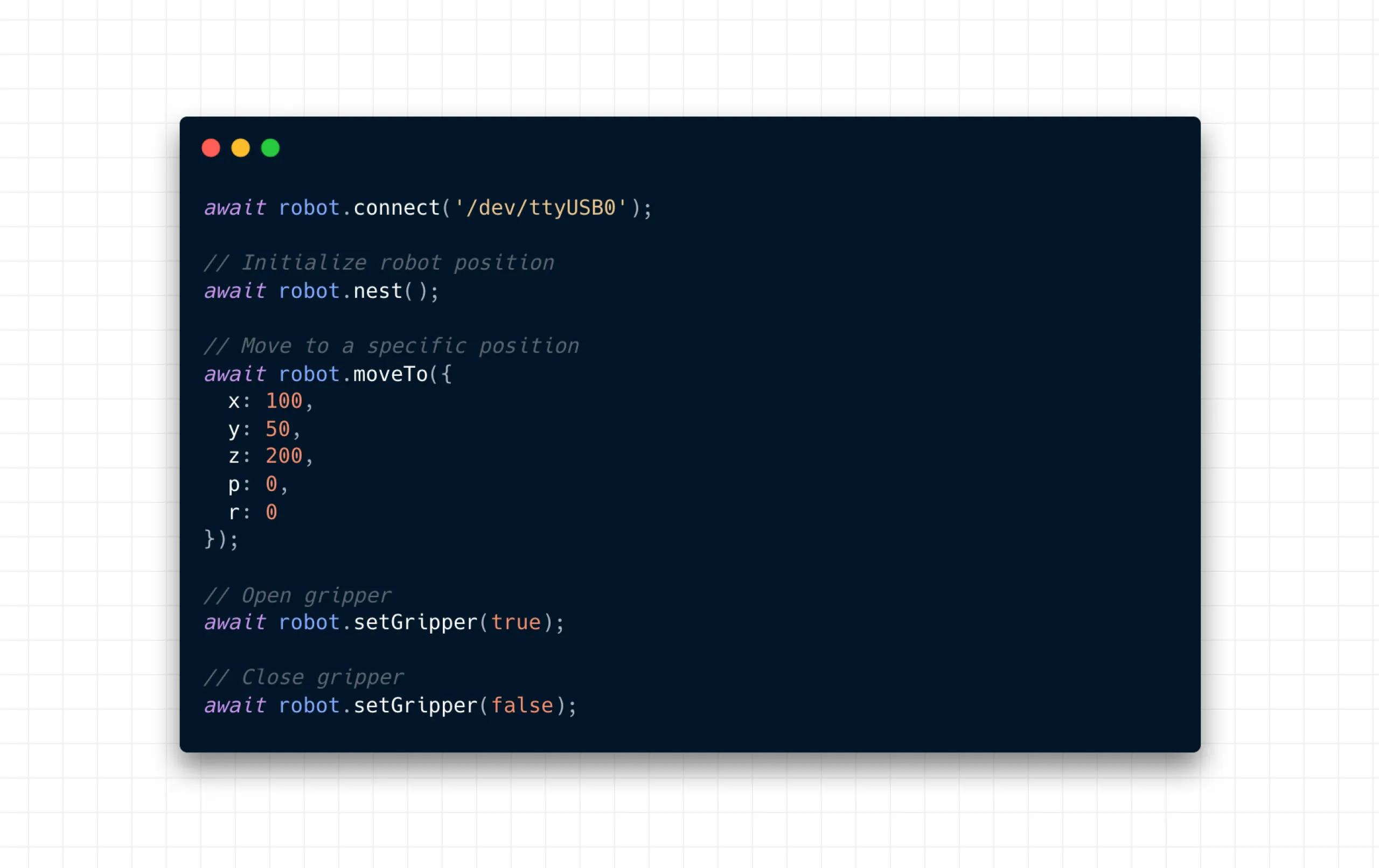The robot can now be controlled using a modern, async JavaScript syntax — without the ancient proprietary environment it originally required.